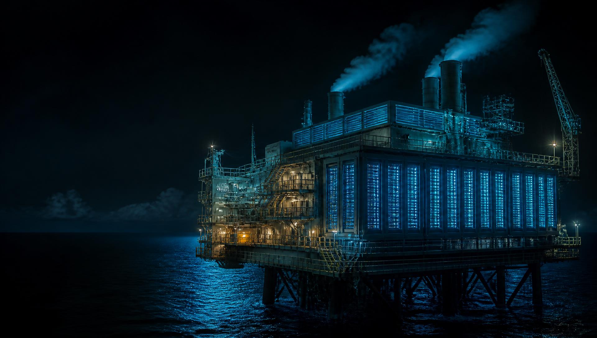 Semi-submersible offshore platform operating as a data center at night