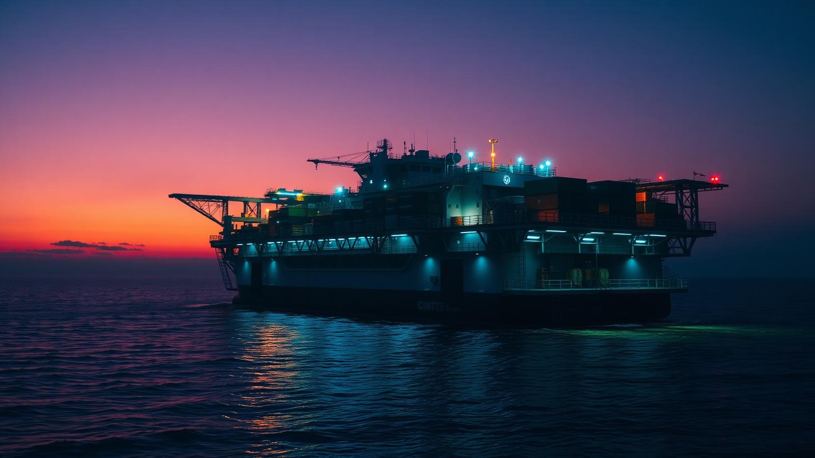 Semi-submersible platform converted into an offshore data center at dusk